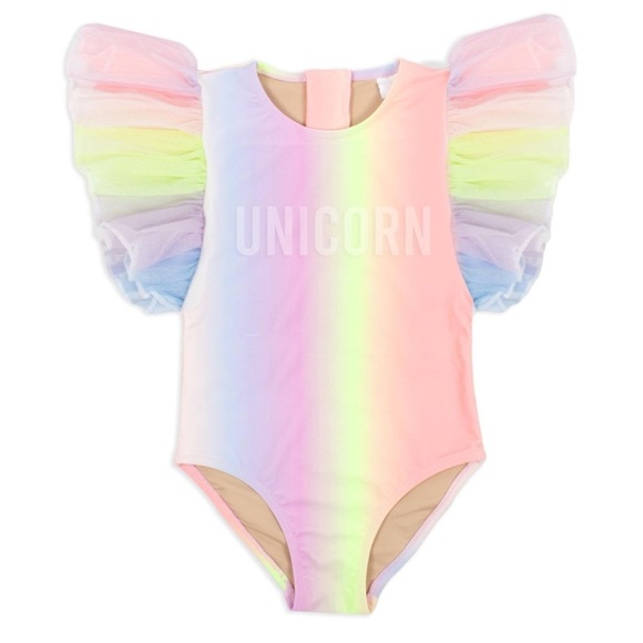 Shade Critters Girls’ Rainbow Unicorn One Piece Tulle Sleeve Swimsuit - Picture 1 of 8